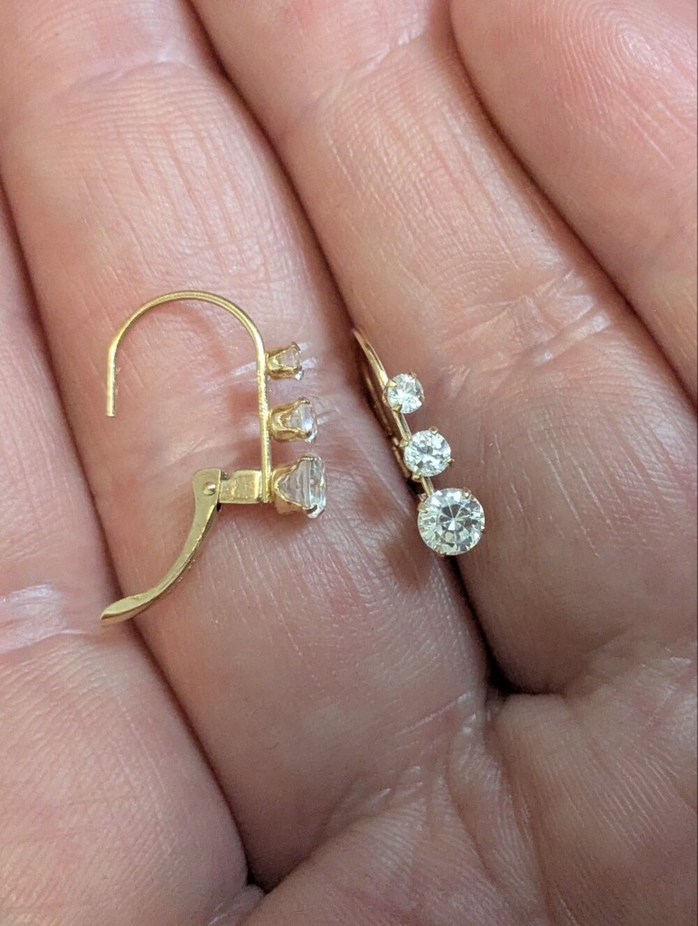 14k Yellow Gold 3 CZ Stone Diamond Simulant Drop Huggie Earrings - Picture 11 of 13